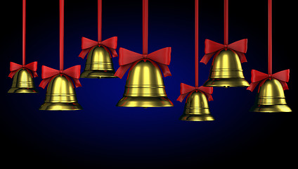 Image showing A lot of Christmas bells with red ribbons