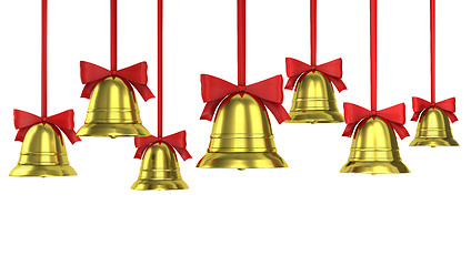 Image showing A lot of Christmas bells with red ribbons