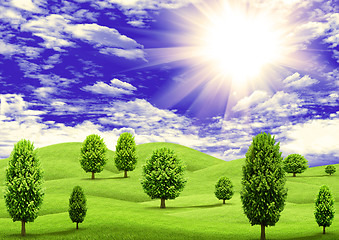 Image showing Green grass hills and trees