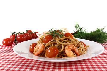 Image showing Spaghetti with shrimp and tomatoes