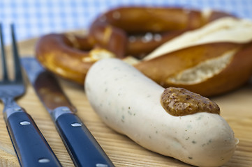 Image showing veal sausage with pretzel