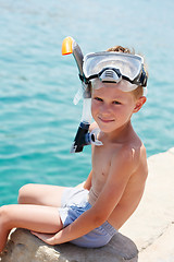 Image showing smiling boy with snorkeling gear