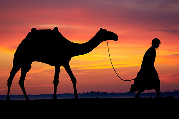 Image showing Silhouette of Arab with camel at sunrise