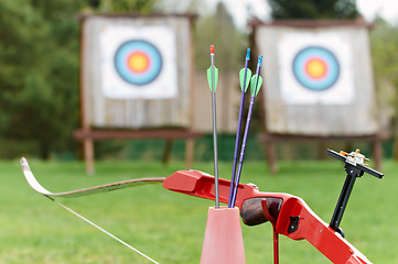 Image showing Archery equipment - bow arrows target