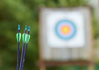 Image showing Archery equipment - arrows and target