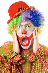 Image showing Close-up portrait of a terrified clown