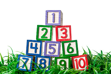 Image showing Number blocks stacked on grass