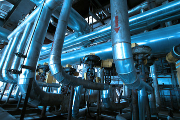 Image showing Industrial zone, Steel pipelines and cables in blue tones