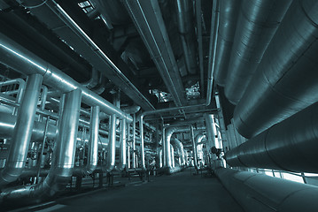 Image showing Industrial zone, Steel pipelines and cables in blue tones