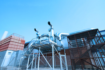 Image showing Industrial zone, Steel pipelines and cables in blue tones