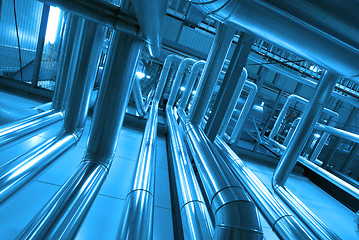 Image showing Industrial zone, Steel pipelines and cables in blue tones