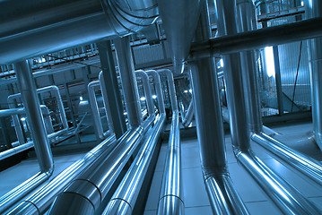 Image showing Industrial zone, Steel pipelines and cables in blue tones