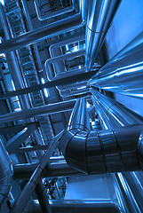 Image showing Industrial zone, Steel pipelines and cables in blue tones