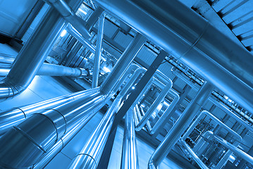 Image showing Industrial zone, Steel pipelines and cables in blue tones