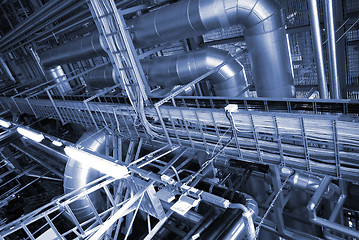 Image showing Industrial zone, Steel pipelines and cables in blue tones  