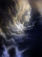 Image showing meditative face and stormy clouds