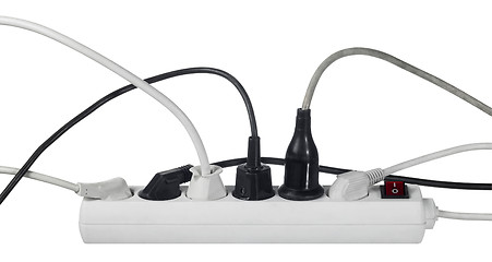 Image showing white multiple socket and plugs sideways