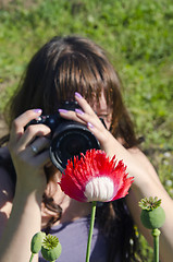 Image showing Young photographer vs poppy bud.