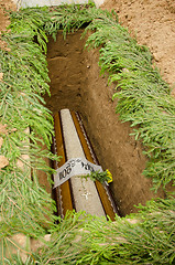 Image showing Coffin lowered into pits.