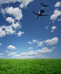 Image showing Airplane Flying in a Blue Sky over Green Grass