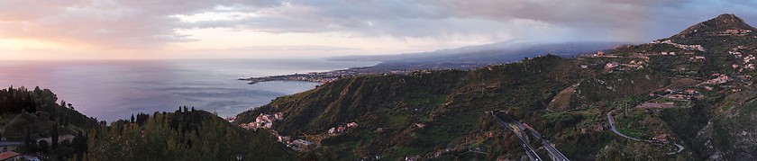 Image showing Dawn panorama of Taormina Bay in Sicily, Italy 