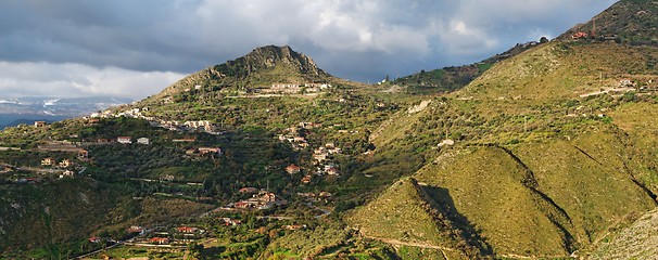 Image showing Dawn panorama of hills near Taormina  in Sicily, Italy