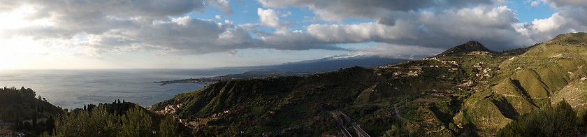 Image showing Dawn panorama of Taormina Bay in Sicily, Italy 