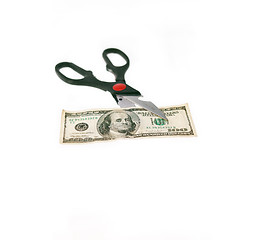 Image showing scissors cutting US dollar bill  isolated on white