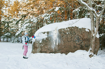 Image showing The woman with a dog in winter on walk