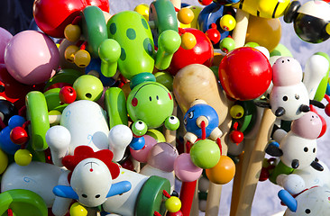 Image showing Closeup of colorful wooden toys sold in fair trade 