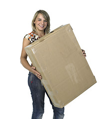 Image showing cute girl holding a old cardboard box