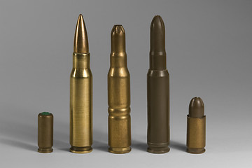 Image showing various upright ammunition in grey back