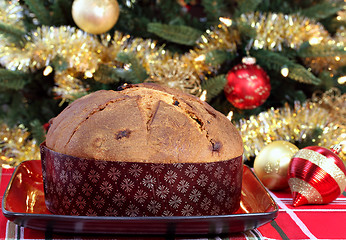 Image showing Whole Panettone in front of Christmas Tree