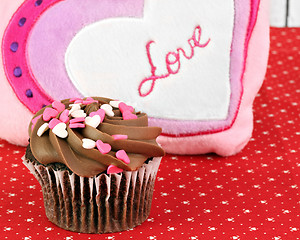 Image showing Delicious chocolate cupcake decorated for Valentines Day