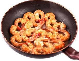 Image showing Frying Pan with Tiger Prawns