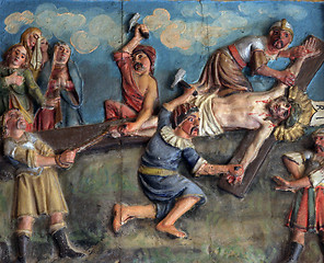 Image showing Crucifixion: Jesus is nailed to the cross