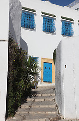 Image showing Sidi Bou Said - typical building with white walls, blue doors and windows