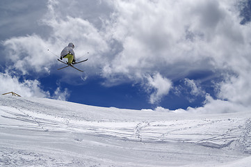 Image showing Freestyle ski jumper with crossed skis