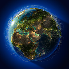 Image showing Major global aviation routes on the globe