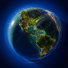 Image showing Major global aviation routes on the globe