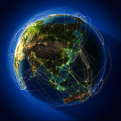 Image showing Major global aviation routes on the globe