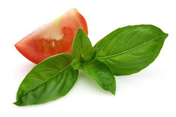 Image showing Twig of basil with slice of tomato