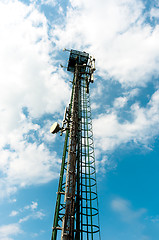 Image showing Steel radio tower against blue sky