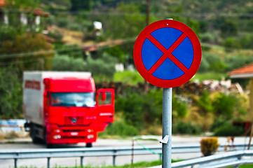 Image showing Traffic sign with parked truck in the background