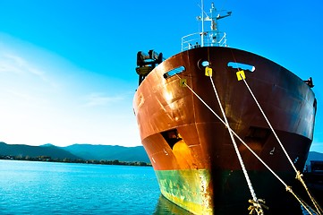 Image showing Big transportation boat at the bay against blue sky