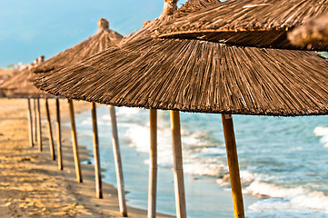 Image showing Umbrellas on the beach with sea in the background