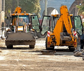 Image showing Big excavators at urban construction site