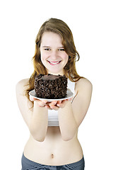 Image showing Young girl holding chocolate cake