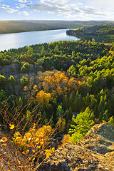 Image showing Fall forest and lake top view