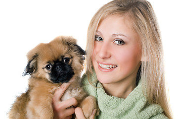 Image showing Ð¡heerful woman with a pekinese